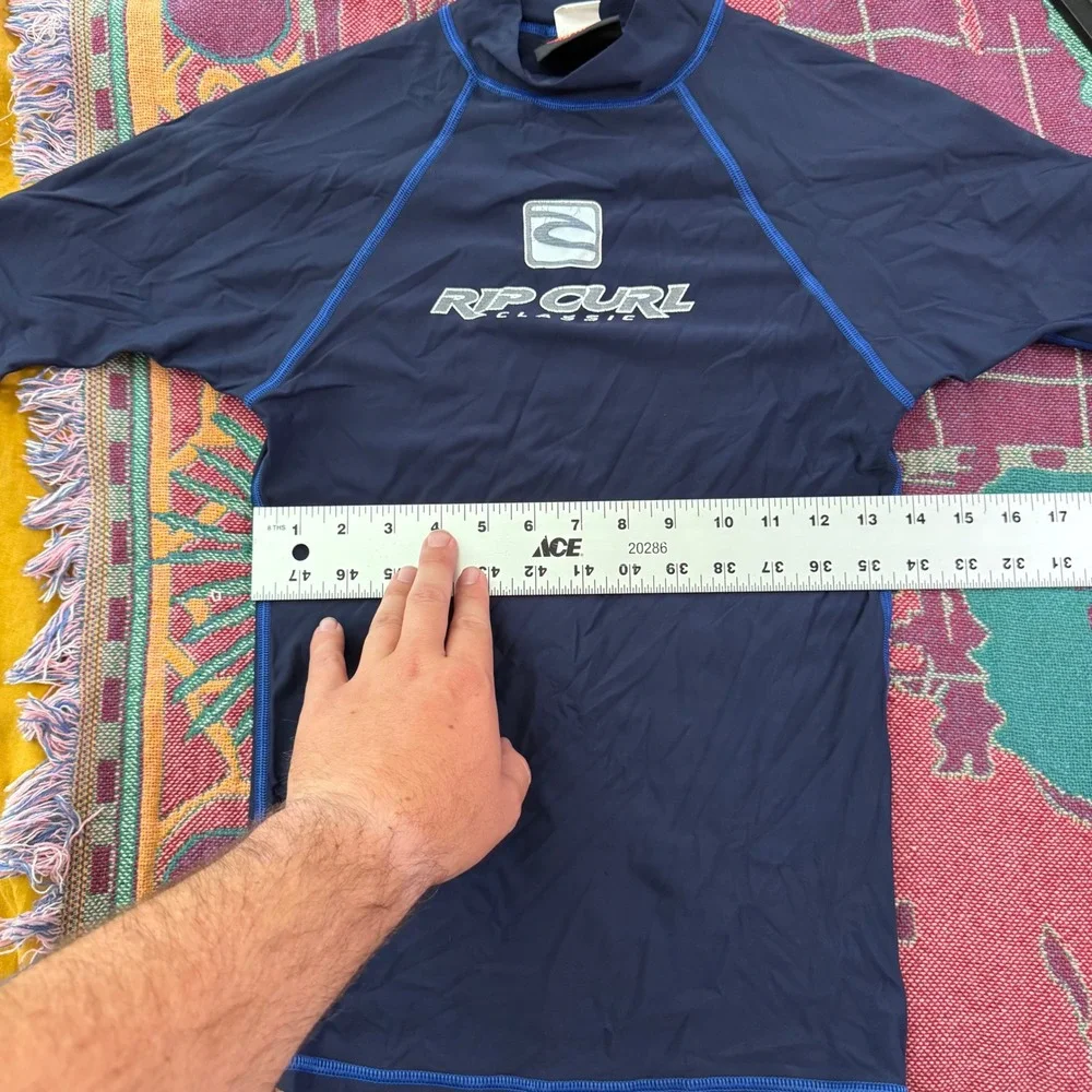 Vintage Rip Curl Classic Rash Guard Navy Blue Short Sleeve Surf Shirt Mens Small